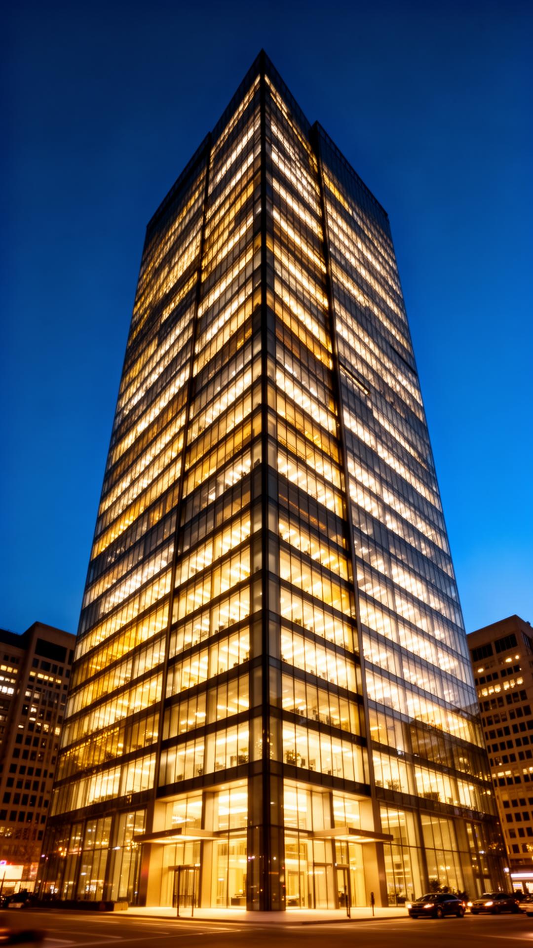Glass office tower at dusk with illuminated windows