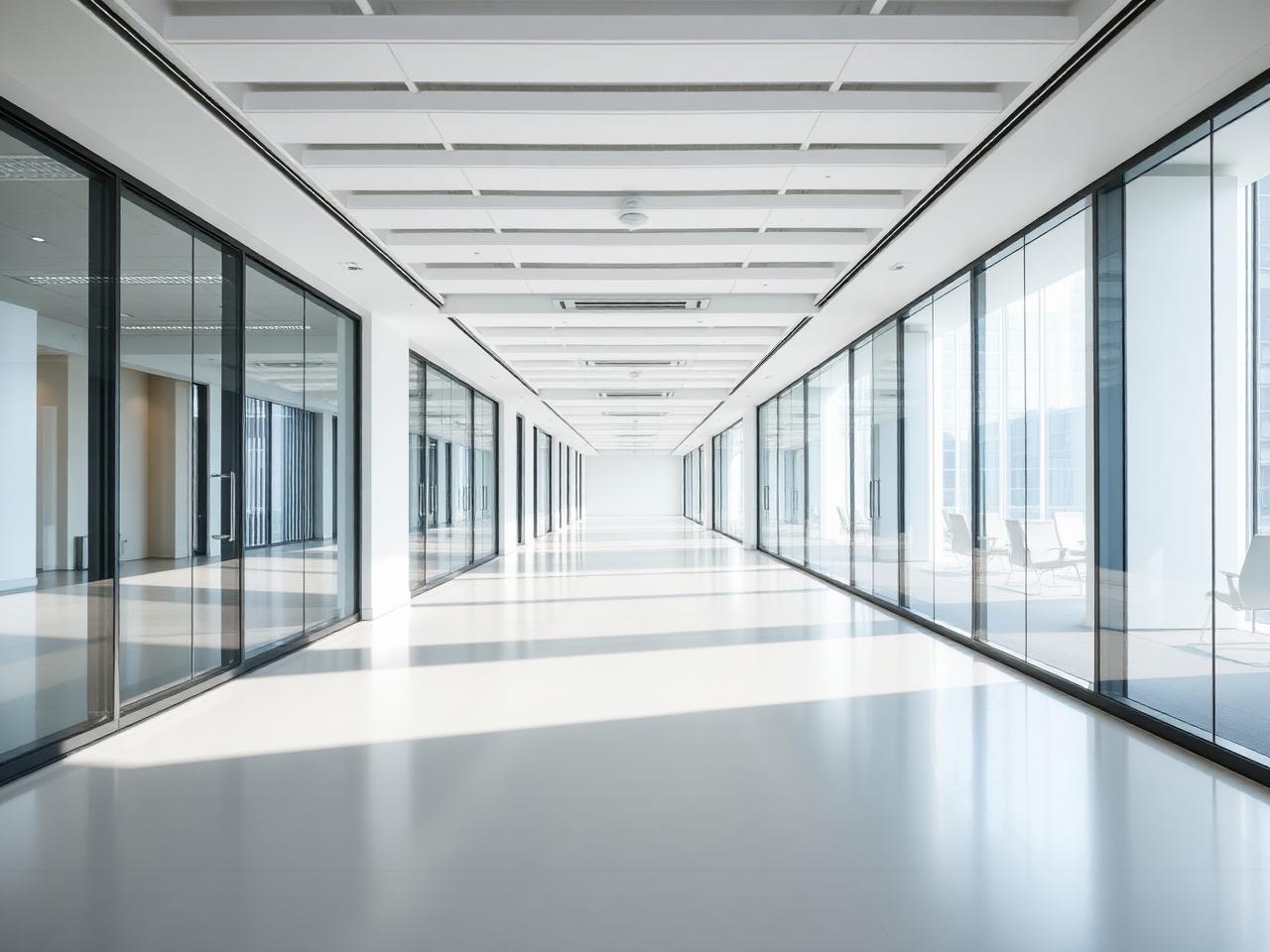 Modern empty office corridor with glass partitions